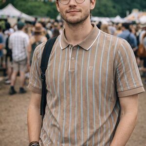 Brixton Men’s Polo Shirt XL Brown Blue Stripe Tailored Fit 2 Button
